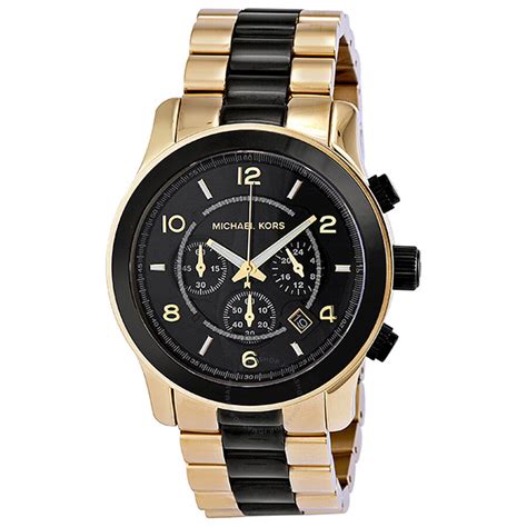 Michael Kors Runway Quartz Black Dial Gold Steel Strap Watch 